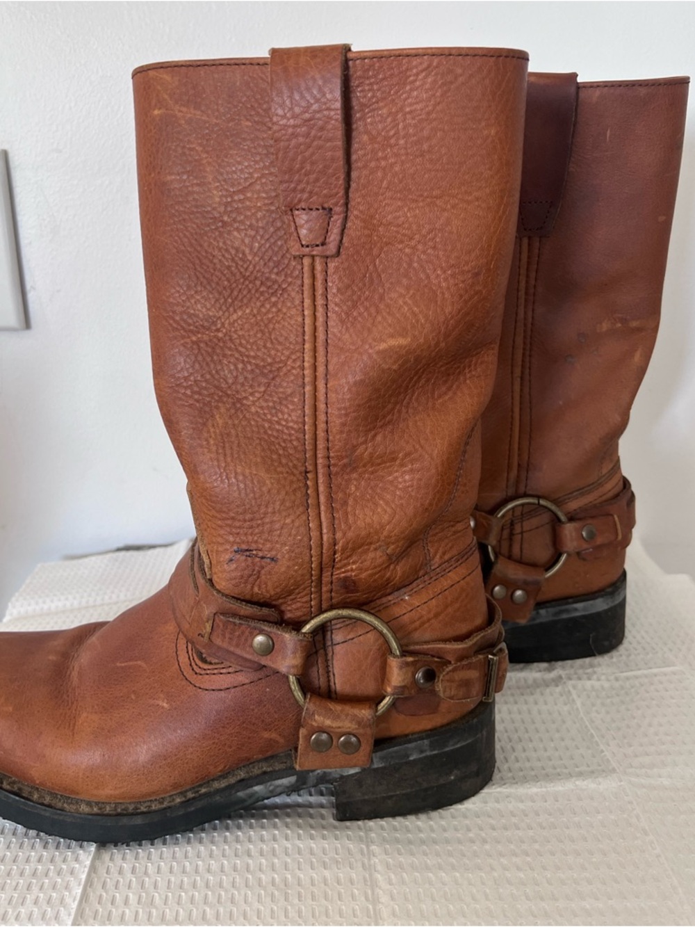 Handcrafted Frye Inspired Women's Harness 12R Boots in a brown leather colorway